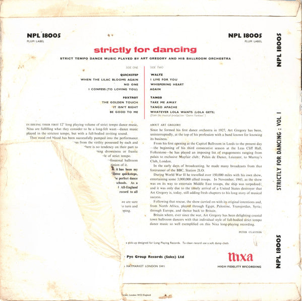Art Gregory And His Ballroom Orchestra : Strictly For Dancing - Vol: 1 (LP)