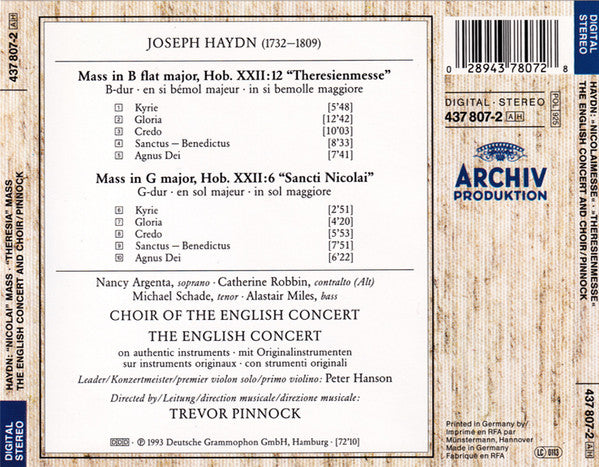 Joseph Haydn - Nancy Argenta · Catherine Robbin · Michael Schade · Alastair Miles · The English Concert & Choir* · Trevor Pinnock : Missa Sancti Nicolai · Theresienmesse (CD, Album)