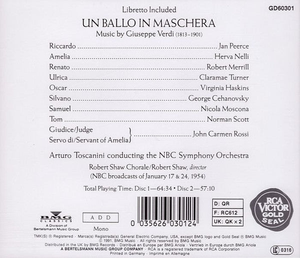 Arturo Toscanini, Peerce*, Nelli*, Merrill*, NBC Symphony Orchestra : Un Ballo In Maschera (2xCD, Mono, RE, RM)