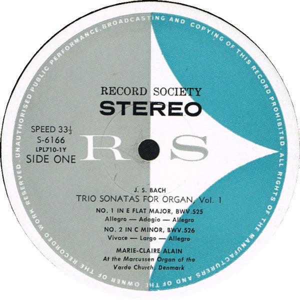 J.S. Bach* - Marie-Claire Alain : Sonatas For Organ, Vol. I (LP, Album, Club, Gat)
