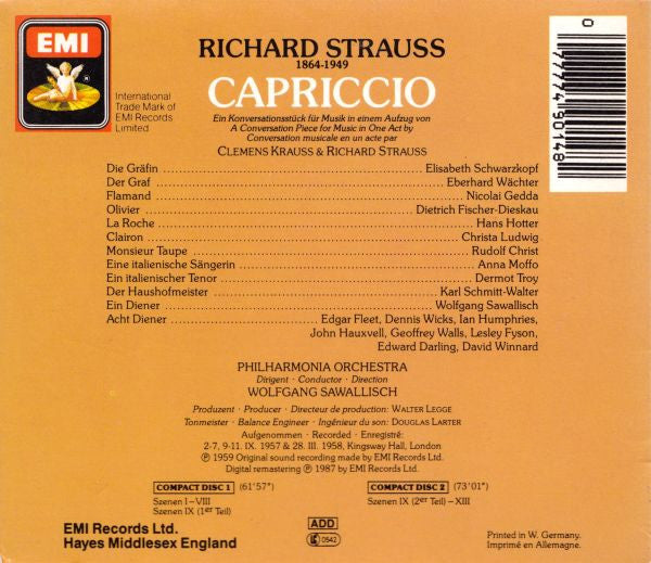 Richard Strauss - Elisabeth Schwarzkopf, Eberhard Wächter, Dietrich Fischer-Dieskau, Nicolai Gedda, Hans Hotter, Christa Ludwig, Philharmonia Orchestra, Wolfgang Sawallisch : Capriccio (2xCD, Album, Mono, RE, RM + Box)