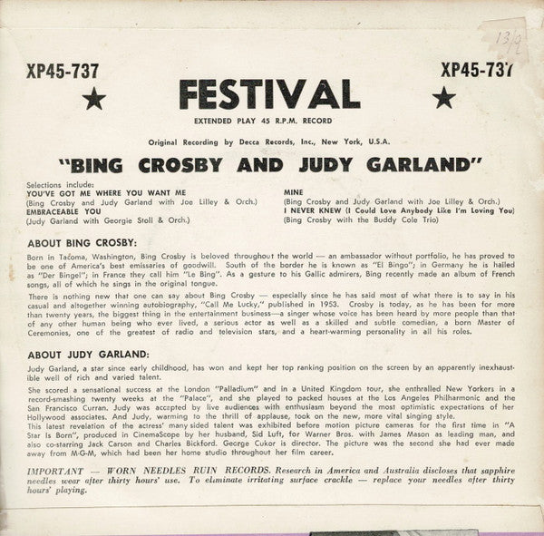 Bing Crosby, Judy Garland : Bing and Judy (7", EP)