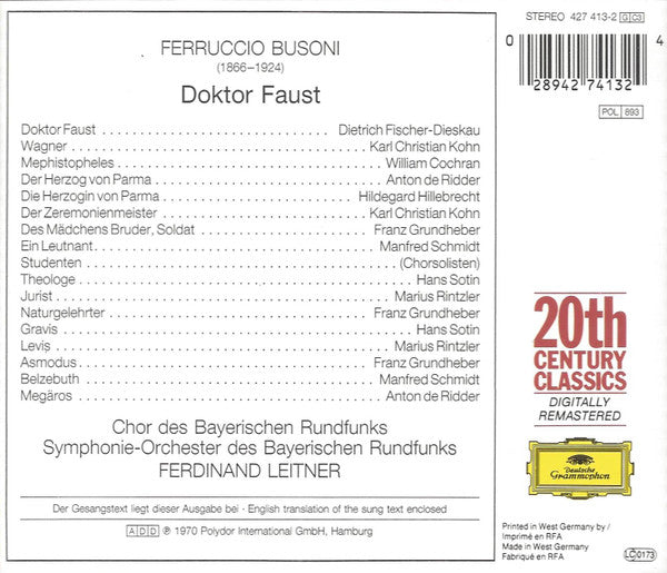 Ferruccio Busoni / Dietrich Fischer-Dieskau, Karl Christian Kohn*, William Cochran, Ferdinand Leitner : Doktor Faust (3xCD, Album, RE, RM)