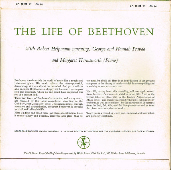 Ludwig van Beethoven, Robert Helpman : The Life Of Beethoven (7", EP, Mono, Club)