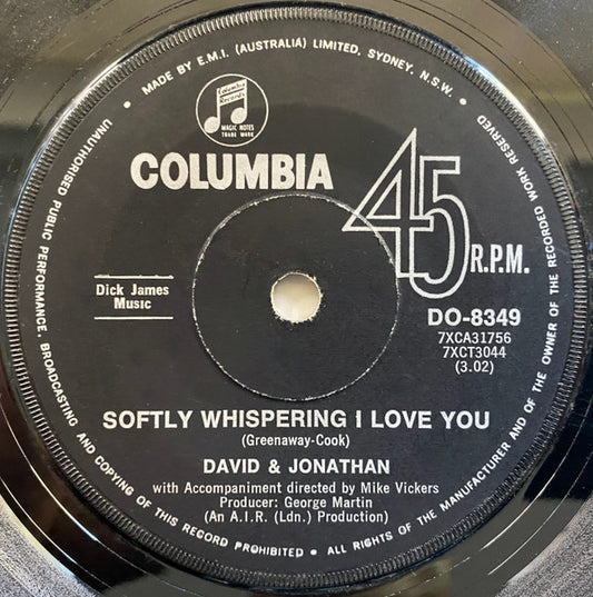 David & Jonathon : Softly Whispering I Love You (7", Single)