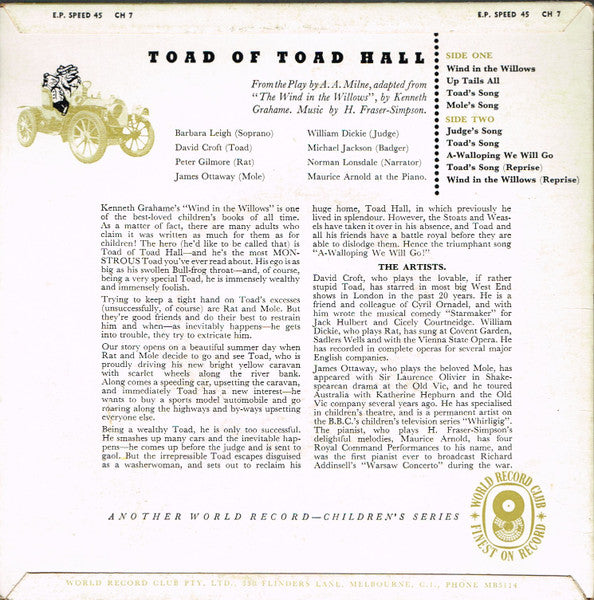 A. A. Milne, Kenneth Grahame, H. Fraser-Simpson* : Toad Of Toad Hall (7", EP, Mono, Club)