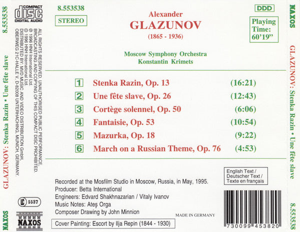 Alexander Glazunov, The Moscow Symphony Orchestra, Константин Кримец : Stenka Razin • Une Fête Slave • Cortège Solennel • Fantaisie • Mazurka • March (CD, Album)