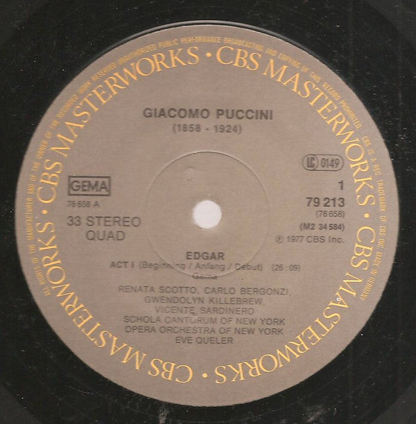 Puccini* - Scotto*, Bergonzi*, Killebrew*, Sardinero*, New York City Opera Children's Chorus, Schola Cantorum Of New York, Opera Orchestra Of New York*, Eve Queler : Edgar (2xLP, Album, Quad + Box)