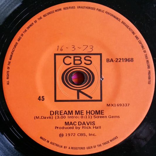 Mac Davis : Dream Me Home (7", Single)