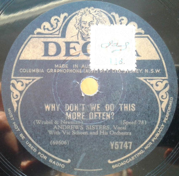The Andrews Sisters With Vic Schoen And His Orchestra : Jealous / Why Don't We Do This More Often (Shellac, 10")