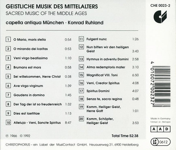 Capella Antiqua München, Konrad Ruhland : Geistliche Musik Des Mittelalters - Sacred Music Of The Middle Ages (CD, Album, RE)