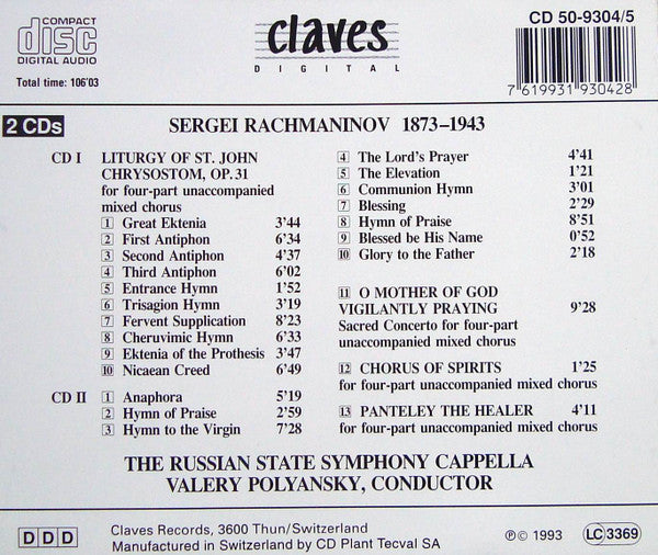 Sergei Vasilyevich Rachmaninoff, The Russian State Symphony Cappella, Valery Polyansky : Liturgy Of Saint John Chrysostom Op. 31 / Sacred Concerto / Chorus Of Spirits / Panteley The Healer (2xCD)