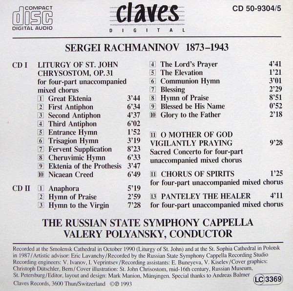 Sergei Vasilyevich Rachmaninoff, The Russian State Symphony Cappella, Valery Polyansky : Liturgy Of Saint John Chrysostom Op. 31 / Sacred Concerto / Chorus Of Spirits / Panteley The Healer (2xCD)