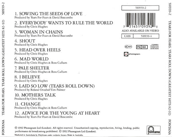 Tears For Fears : Tears Roll Down (Greatest Hits 82-92) (CD, Comp, RE)