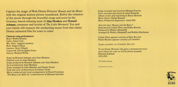 Alan Menken, Howard Ashman : Beauty And The Beast (Original Motion Picture Soundtrack) (CD, Album)