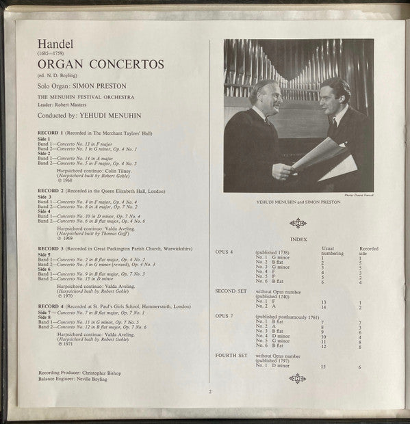 Handel*, Simon Preston, Bath Festival Orchestra · Menuhin Festival Orchestra, Yehudi Menuhin : The Organ Concertos (Complete) (4xLP, Comp + Box, RE)