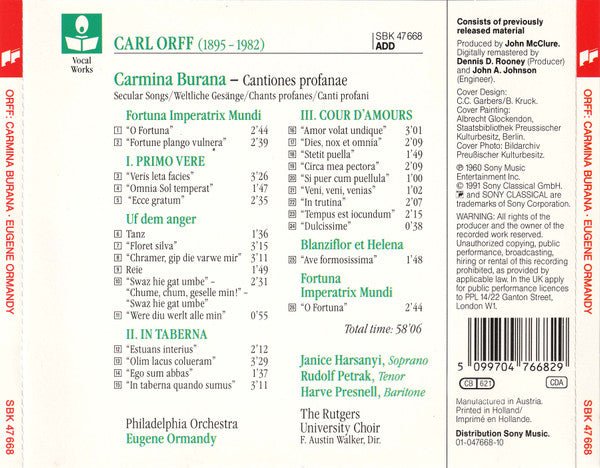 Carl Orff / Janice Harsanyi, Rudolf Petrak • Harve Presnell, The Philadelphia Orchestra, The Rutgers University Choir, Eugene Ormandy : Carmina Burana (CD, Album, RE, RM)