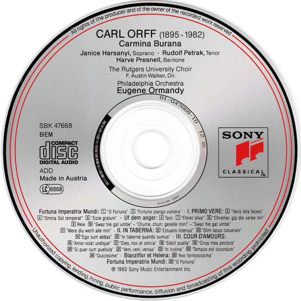Carl Orff / Janice Harsanyi, Rudolf Petrak • Harve Presnell, The Philadelphia Orchestra, The Rutgers University Choir, Eugene Ormandy : Carmina Burana (CD, Album, RE, RM)