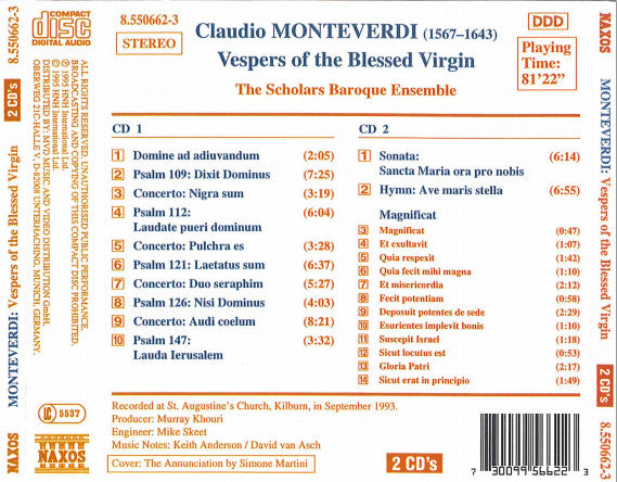 Monteverdi* / The Scholars Baroque Ensemble : Vespers Of The Blessed Virgin (2xCD, Album)