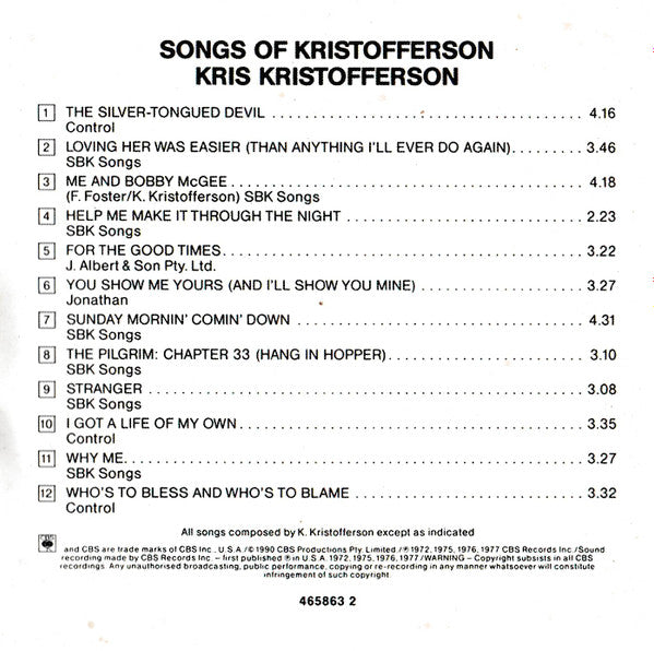 Kris Kristofferson : Songs Of Kristofferson (CD, Comp, RE)