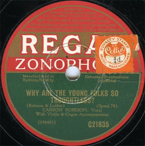 Carson Robison / Carson Robison Trio : Why Are The Young Folks So Thoughtless / Home On The Range (Shellac, 10")