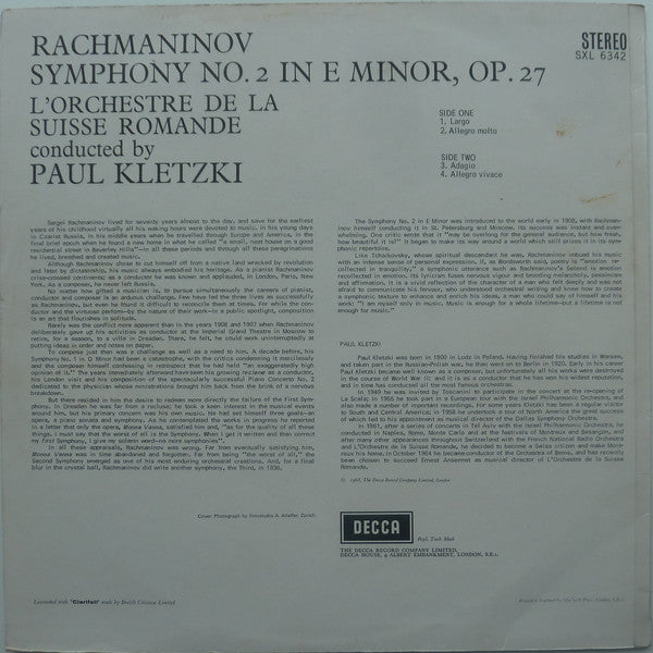Paul Kletzki Conducts L'Orchestre De La Suisse Romande, Rachmaninov* : Symphony No. 2 (LP, ED2)
