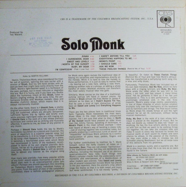 Monk* : Solo Monk (LP, Album, Mono)