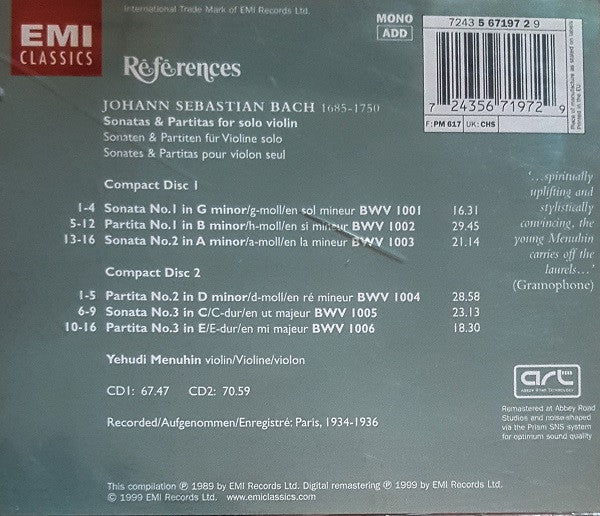 Bach*, Yehudi Menuhin : Sonatas & Partitas For Solo Violin (2xCD, Comp, Mono, RM)