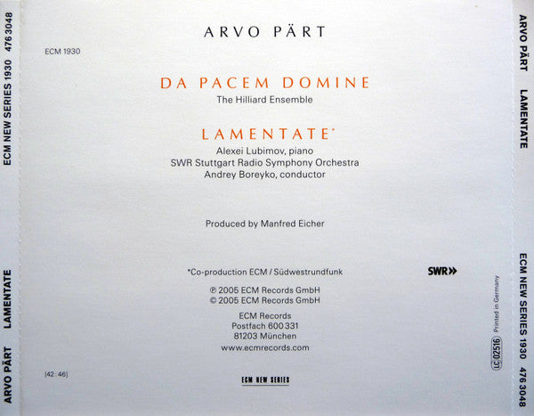 Arvo Pärt : Lamentate (CD, Album)
