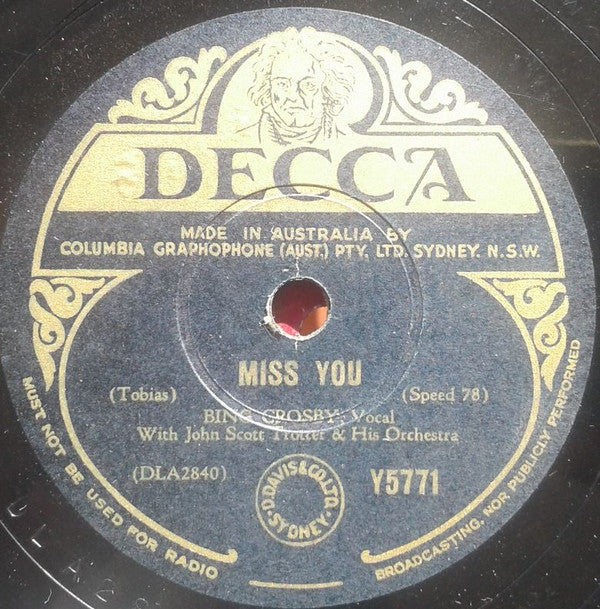 Bing Crosby With John Scott Trotter And His Orchestra : Miss You / Angels Of Mercy (Shellac, 10")