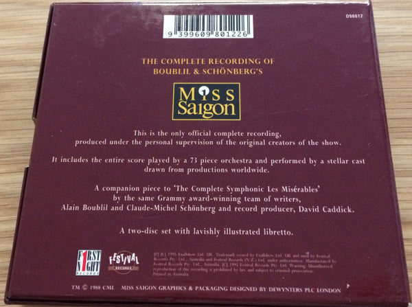 Cameron Mackintosh Presents Boublil* & Schönberg* : The Complete Recording of Boublil & Schonberg's Miss Saigon (2xCD, Album)