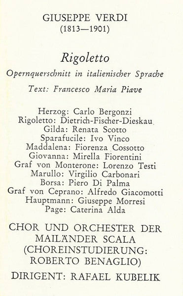 Verdi* - Renata Scotto, Fiorenza Cosotto*, Carlo Bergonzi, Dietrich Fischer-Dieskau Dirigent Rafael Kubelik : Rigoletto (Cass, Album)