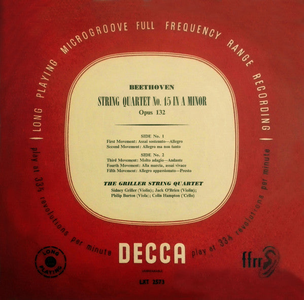 Beethoven*, The Griller String Quartet : String Quartet No. 15 In A Minor, Op. 132 (LP, Mono)