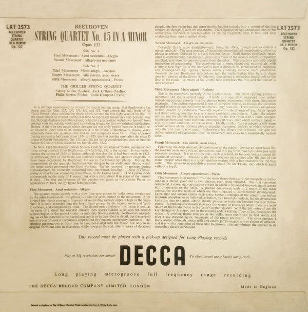 Beethoven*, The Griller String Quartet : String Quartet No. 15 In A Minor, Op. 132 (LP, Mono)