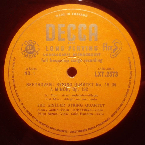 Beethoven*, The Griller String Quartet : String Quartet No. 15 In A Minor, Op. 132 (LP, Mono)