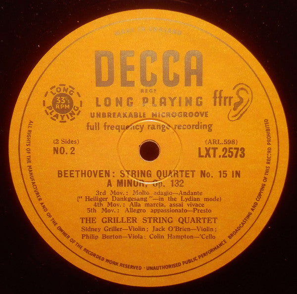 Beethoven*, The Griller String Quartet : String Quartet No. 15 In A Minor, Op. 132 (LP, Mono)