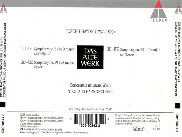 Joseph Haydn - Concentus Musicus Wien, Nikolaus Harnoncourt : Symphonies Nos. 31, 59 & 73 - "Hornsignal" • "Feuer" • "La Chasse" (CD)