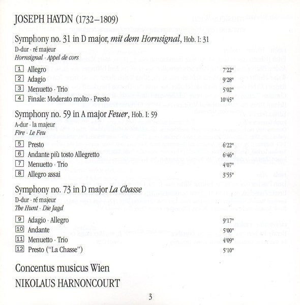Joseph Haydn - Concentus Musicus Wien, Nikolaus Harnoncourt : Symphonies Nos. 31, 59 & 73 - "Hornsignal" • "Feuer" • "La Chasse" (CD)