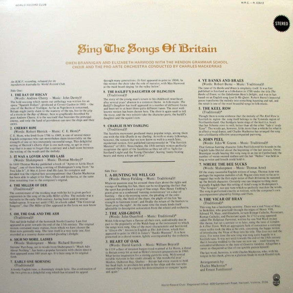 Owen Brannigan And Elizabeth Harwood With The  Hendon Grammar School Choir And The Pro Arte Orchestra Conducted By Sir Charles Mackerras : Sing The Songs Of Britain (LP, Club, RE)