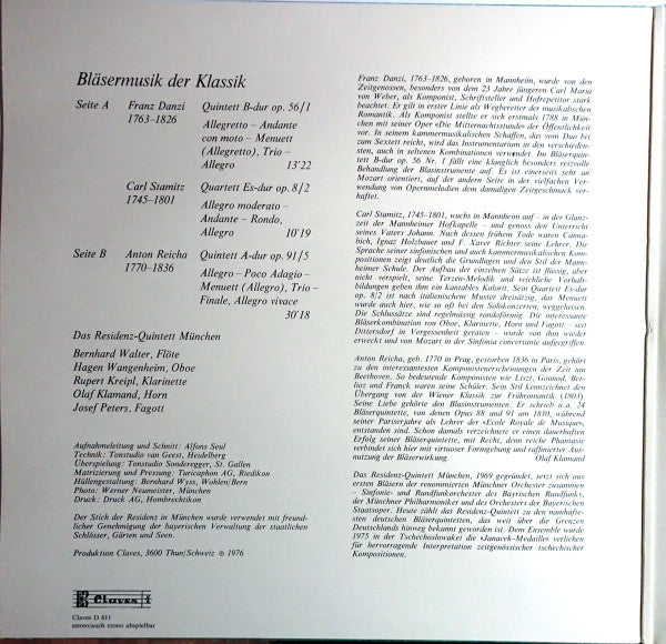 Franz Danzi, Carl Stamitz, Anton Reicha, Residenz-Quintett München : Bläsermusik Der Klassik (LP, Gat)