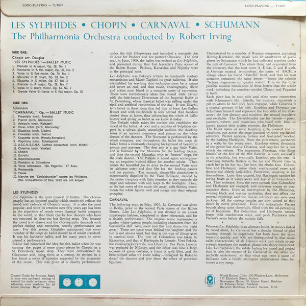 Frédéric Chopin - Robert Schumann / Philharmonia Orchestra Conducted By Robert Irving (2) : Les Sylphides / Carnaval (LP, Album, Club, 1st)