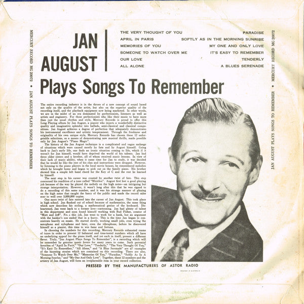 Jan August : Jan August Plays Songs To Remember (LP, Album, Mono)
