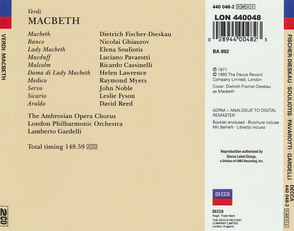 Verdi* - Fischer-Dieskau*, Souliotis*, Pavarotti*, London Philharmonic Orchestra, Lamberto Gardelli : Macbeth (2xCD, Album, RE, RM)