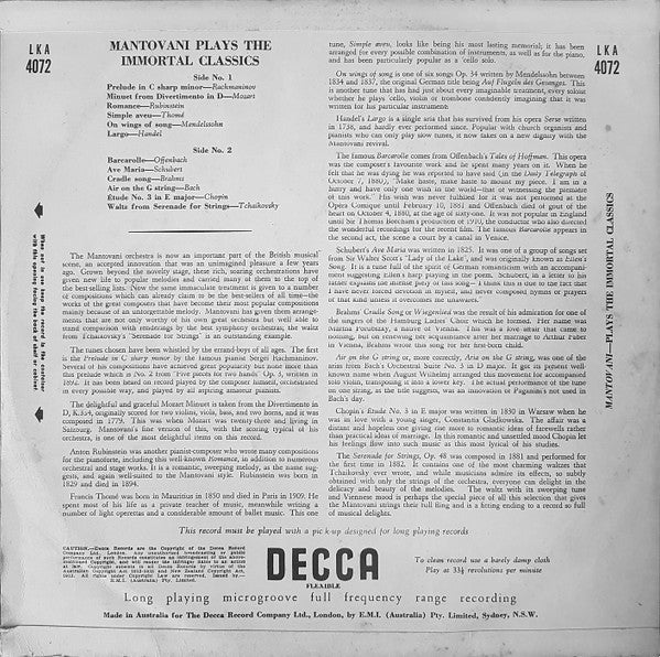 Mantovani And His Orchestra : Mantovani Plays The Immortal Classics (LP)