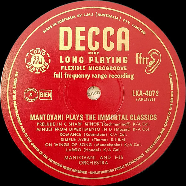 Mantovani And His Orchestra : Mantovani Plays The Immortal Classics (LP)