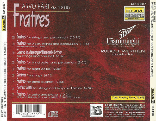 Arvo Pärt - I Fiamminghi, Rudolf Werthen : Fratres (CD)
