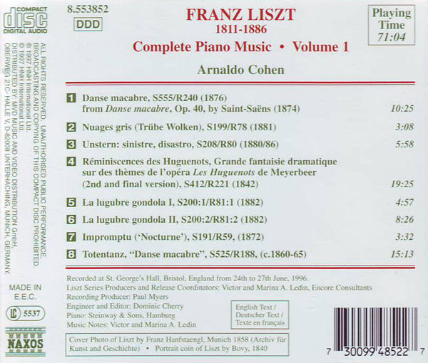 Franz Liszt - Arnaldo Cohen : Grande Fantaisie Sur “Les Huguenots” (Meyerbeer) • Danse Macabre (Saint-Saëns) • Totentanz • Unstern: Sinistre, Disastro • Impromptu (‛Nocturne′) • Nuages Gris • La Lugrube Gondola Ⅰ And Ⅱ (CD)