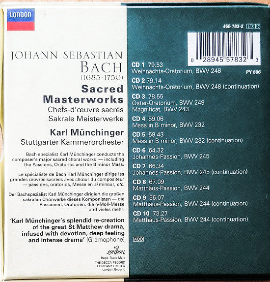 Johann Sebastian Bach, Elly Ameling, Helen Watts, Peter Pears, Hermann Prey, Tom Krause, Stuttgarter Kammerorchester, Karl Münchinger : Sacred Masterworks (10xCD, RE + Box, Comp)
