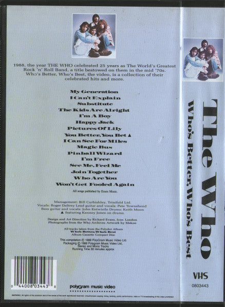 The Who : Who's Better Who's Best (VHS, Mono, PAL)