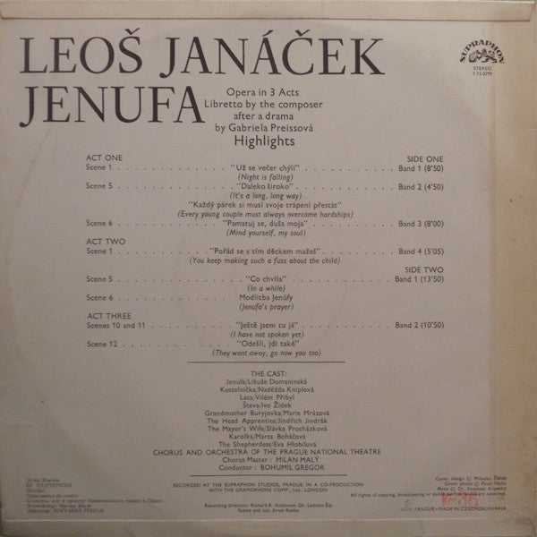 Leoš Janáček - Libuše Domanínská, Naděžda Kniplová, Vilém Přibyl, Ivo Žídek, Chorus* And Orchestra Of The Prague National Theatre*, Bohumil Gregor : Jenufa - Highlights (LP)